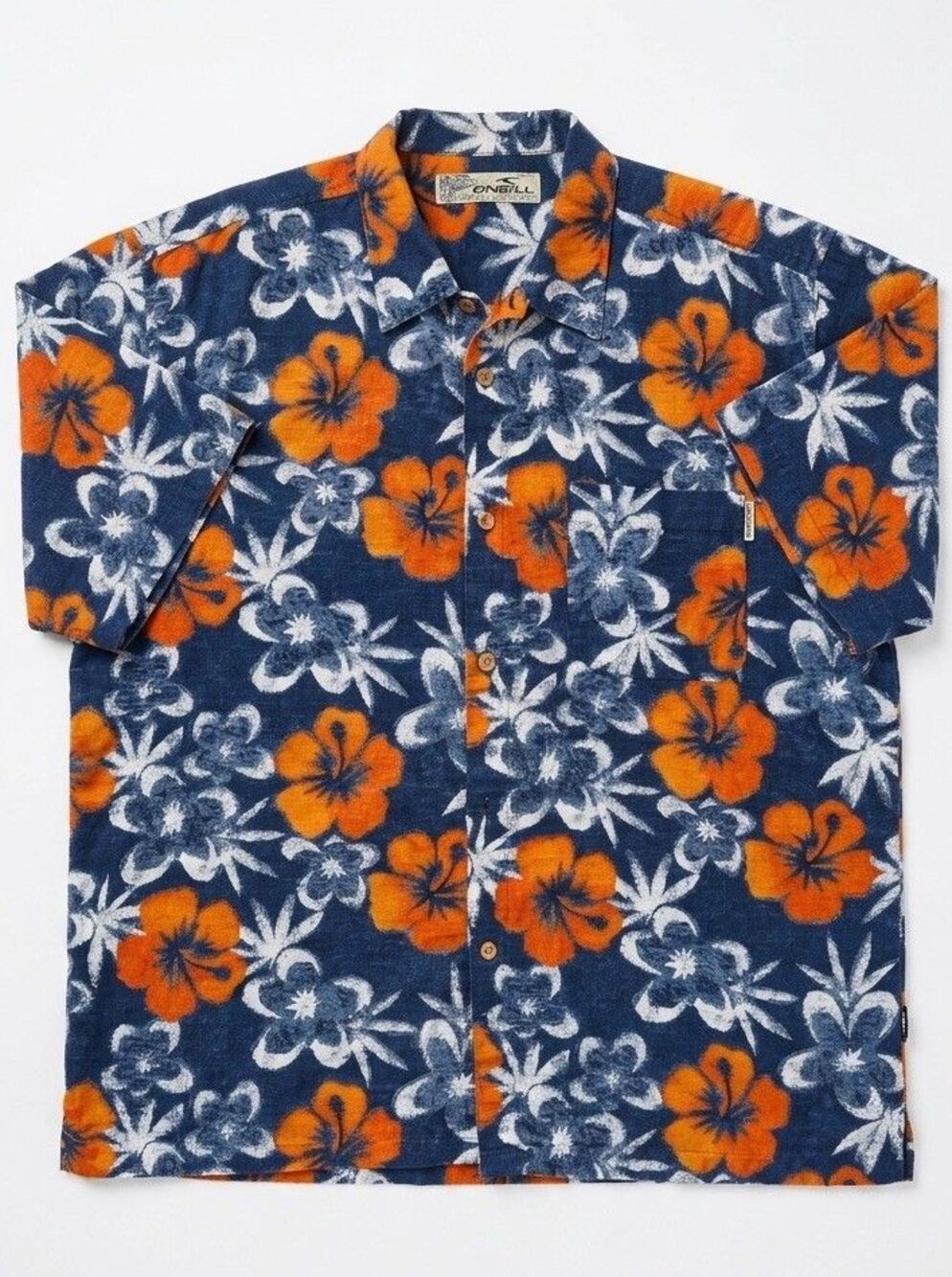 O’Neill Vintage 90s Hawaiian Aloha Shirt Medium Blue Orange Hibiscus Retro Surf
